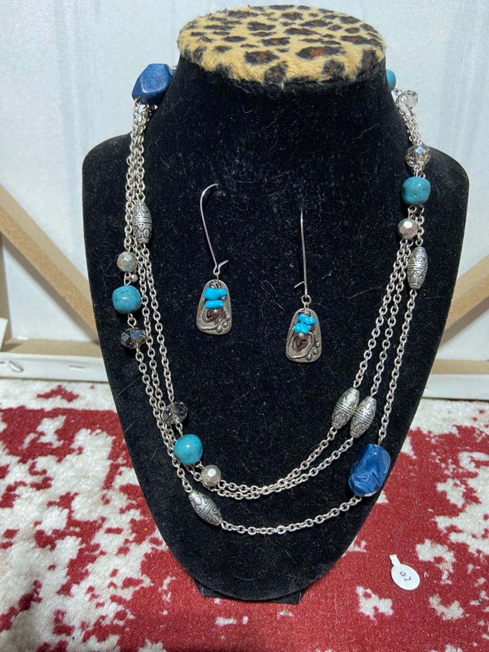 Imitation  Turquoise and Silver Tone Bead Necklace & Earrings Set